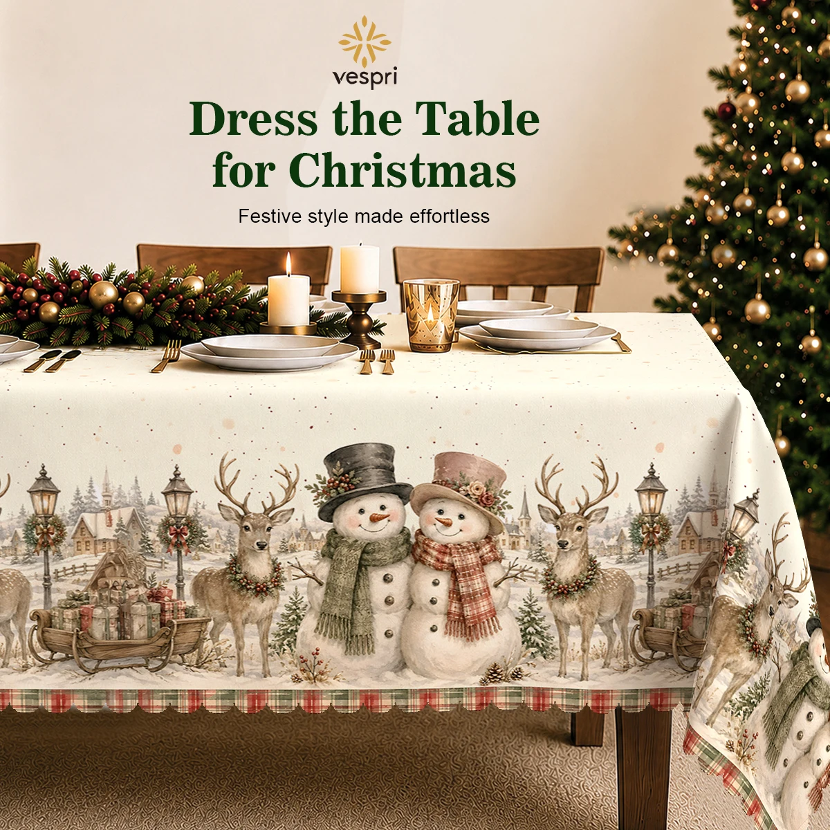 Farmhouse Tablecloth with Manor, Snowmen, Deer & Barn for Indoor/Outdoor Camping decor, Rectangular/Round/Oval