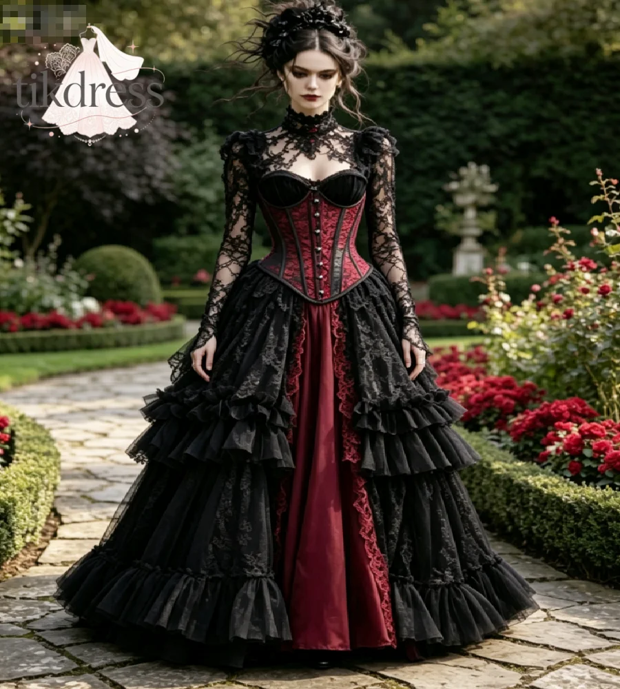 Burgundy Black Gothic Victorian Wedding Dress Renaissance Medieval Lace Long Sleeve Corset Bodice Tiered Ruffle Bridal Gowns