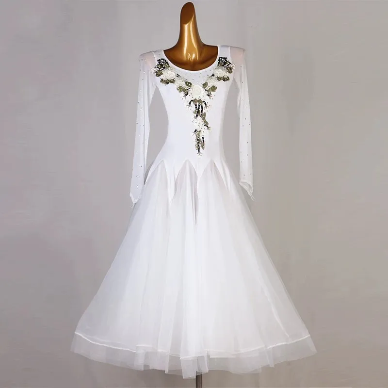 Round neck mesh long sleeve big swing dance dress with 3d floral applique delicate rhinestones and tulle full skirt,suitable for