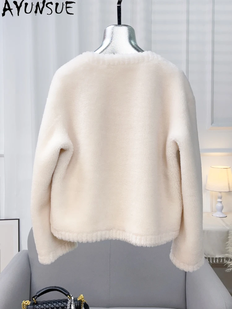 سترة نسائية من الصوف الطبيعي 100% من AYUNSUE لخريف وشتاء 2025 سترة أنيقة من الفرو ملابس نسائية ملابس خارجية قصيرة Abrigo Mujer