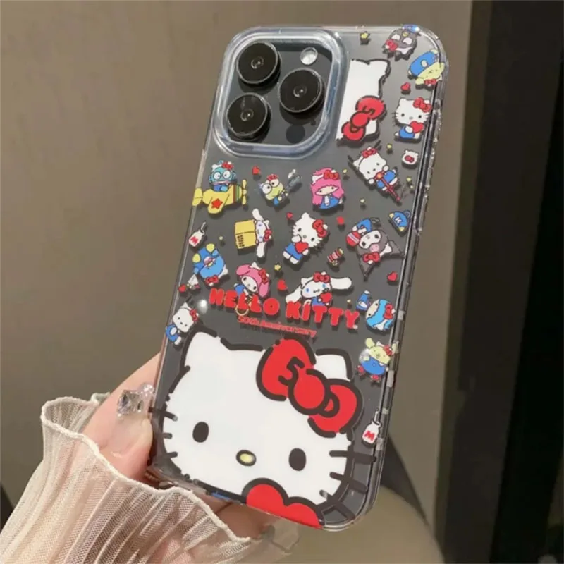 Sanrio Hello Kitty Kuromi Full Screen KT Bow Phone Case For iPhone 16 15 14 12 13 11 Pro Max XR XS MAX 7 8 PLUS MINI Y2K Cartoon