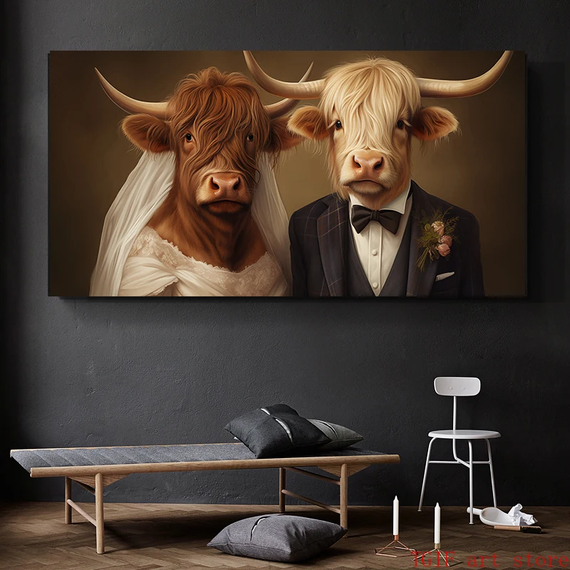 Highland Cows Family Canvas Painting Print Neutral Funny Longhorn  Poster Wall Art Picture for Living Room Farmhouse Home Decor