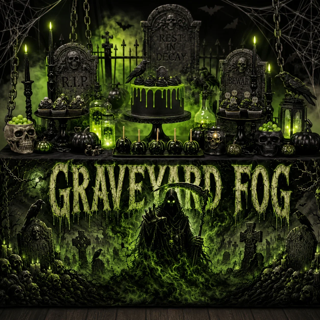 Graveyard mist-printed polyester tablecloth, Grim Reaper tombstone, Crow skull, Candles with chains, Green toxic fogxzj