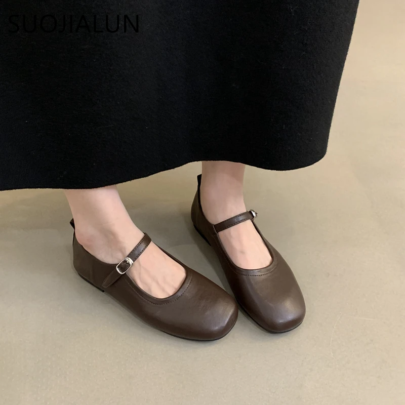 SUOJIALUN Autumn Women Flat Shoes Fashion Round Toe Shallow Slip On Mary Jane Shoes Flat Heel Ladies Elegant Outdoor Ballerinas