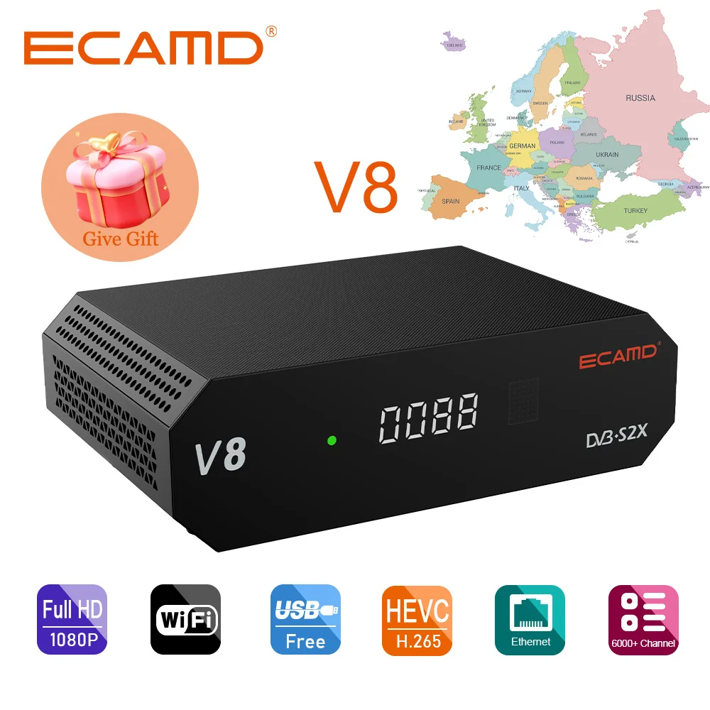 ECAMD V8 DVB-S/S2/S2X+AV HD Satellite Receiver Built-in 2.4G WIFI，v8 nova upgraded version adds support for Ecam TV BOX