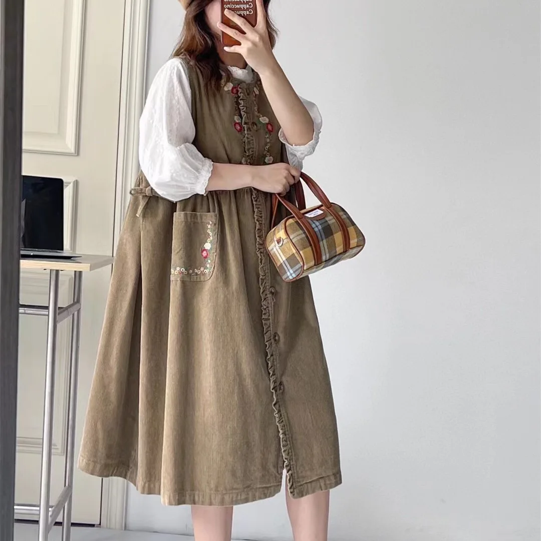 Robe japonaise Mori Girl Vintage brodée florale, gilet en velours côtelé, bretelles, col rond, sans manches, simple boutonnage, débardeur, automne