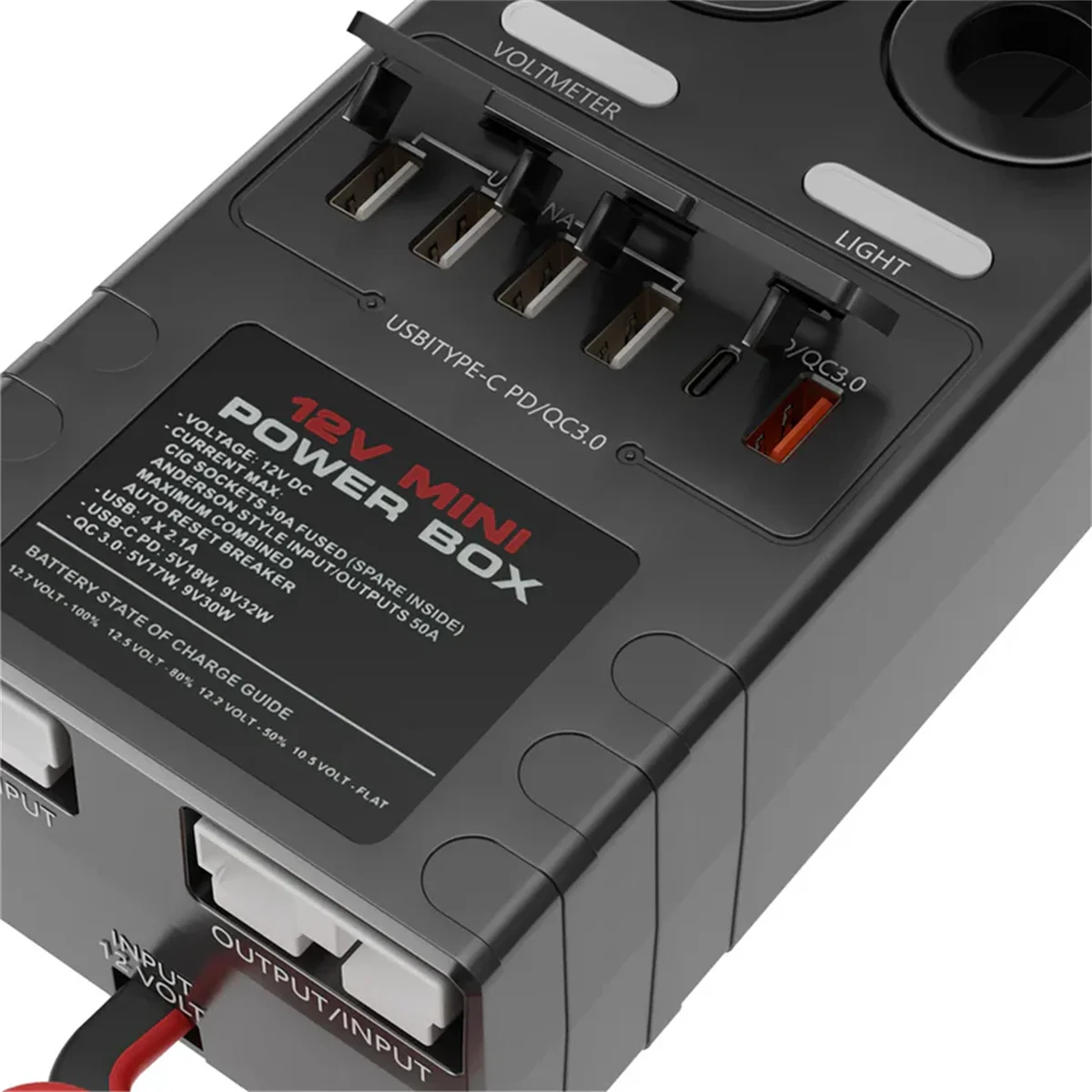 Mini Power Distribution Box 12V DC Battery Socket Max. 50A Current with 2 x Anderson, 6 x USB & 3 x Cig Sockets, Mini Battery