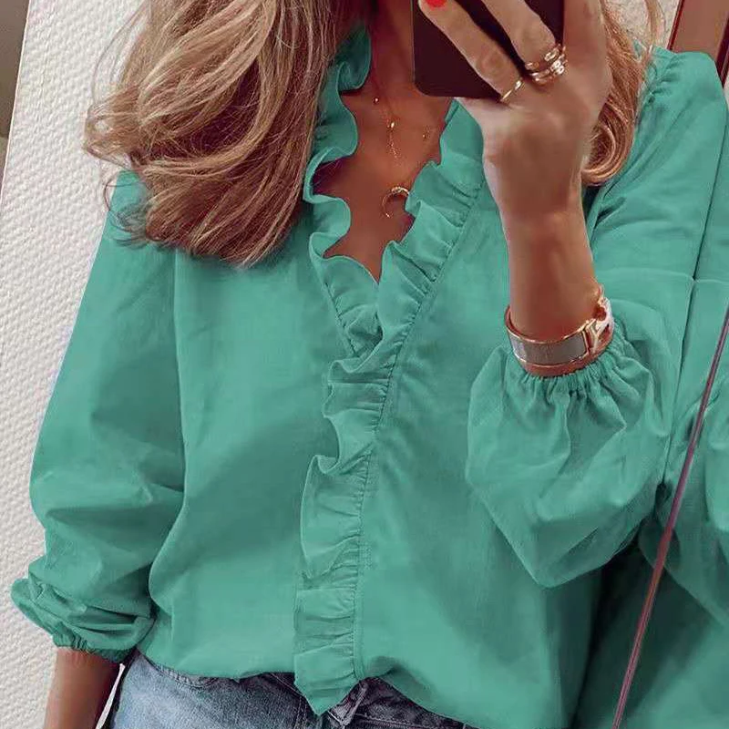 2022 Spring Elegant Ruffles Womens Tops And Blouses Casual V Neck Long Sleeve Loose Tunic White Blouses For Women