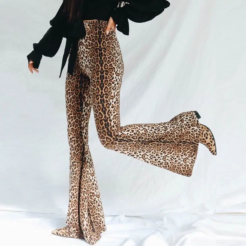 Women's Elastic Waist Spring and Autumn New Vintage High-waisted Slim-fitting Sexy Fashionable Leopard Bootcut Sports Long Pants