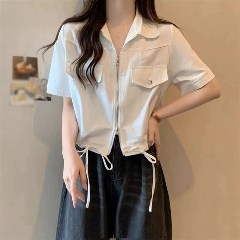 Drawstring Lace-Up Zipper Shirt 2024 Summer Tooling Short Loose Short-Sleeved Top Artistic Office Women\'s Breathable Clothing