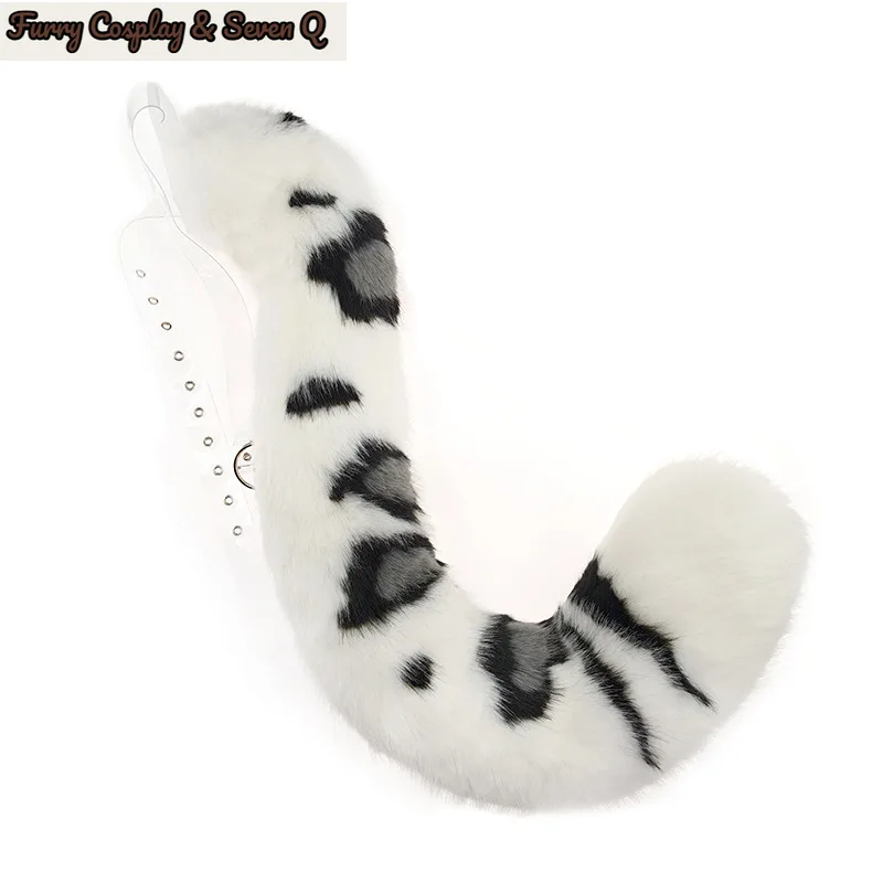 100cm Plush Snow Leopard Tail Anime Furry Cosplay Prop with Adjustable Belt Handmade Animal Tail Fursuit Costume Accessories