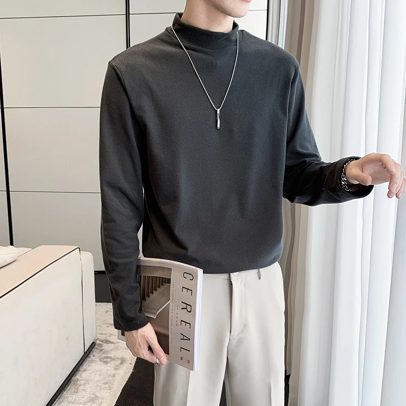 Men Autumn Winter Bayer Acrylic Velvet Fabric Stand Collar Long Sleeve Casual T-Shirt Basic Bottom T Shirt Tops Tshirt