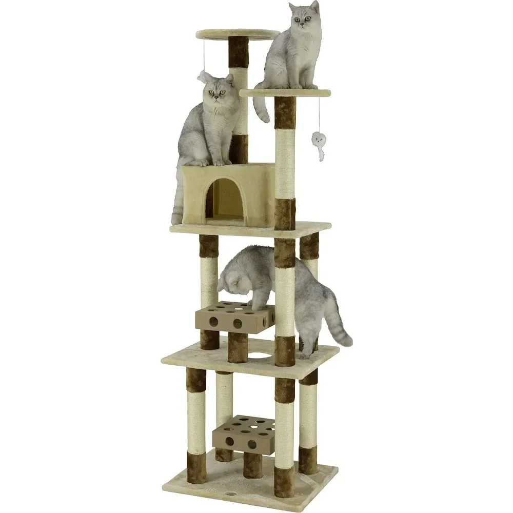 

A Cat Tree Scratch Kitten Apartment Tower Furniture with Multi-Level Podium and Indoor Cat Toy, Beige/Brown