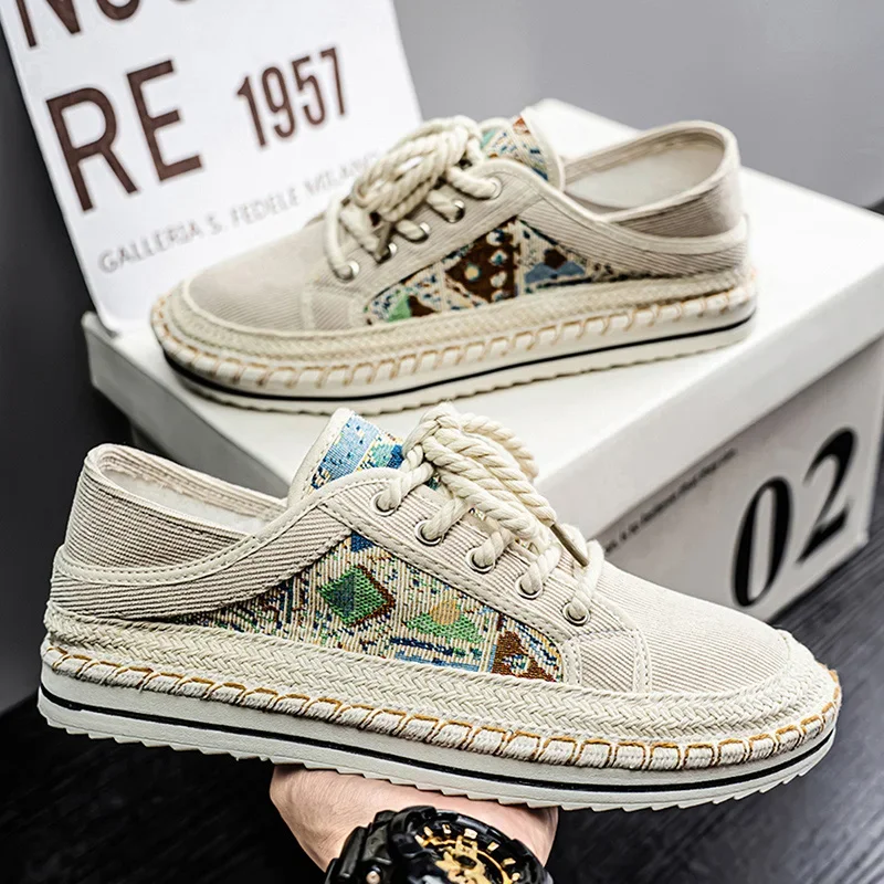 Zapatos de lona de estilo étnico para hombre, cómodos zapatos de pescador de costura transpirables, zapatos de Skateboard con cordones de corte bajo para hombre, alpargatas
