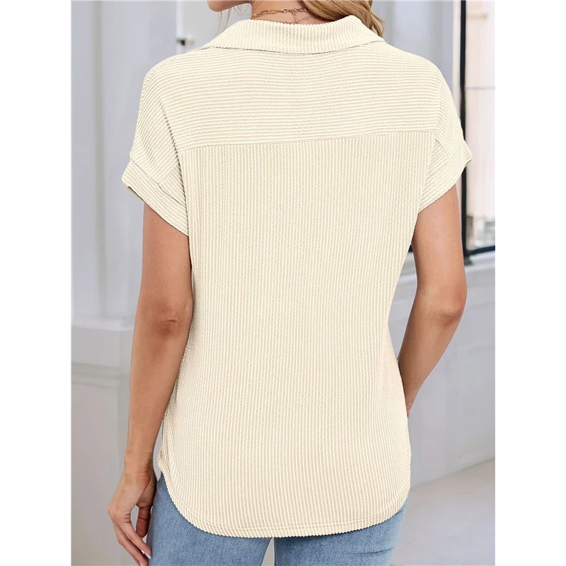 

NEW-Women's Casual Button Down Shirts Short Sleeve Lapel V Neck Knitted Tops Beach Vacation Clothes With Pockets