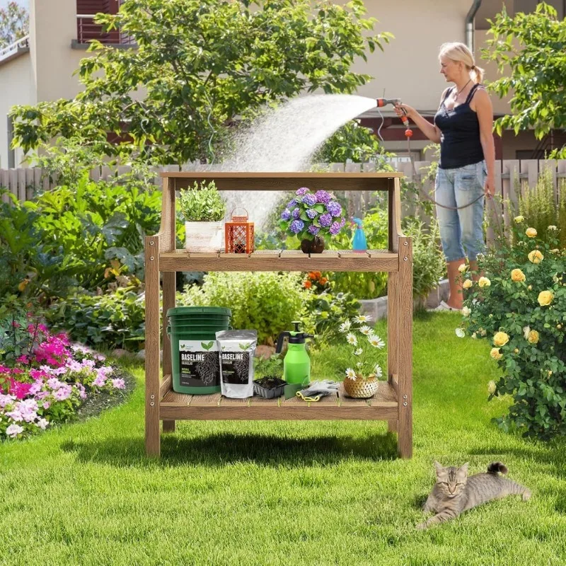 Outdoor All Weather Potting Bench Garden Table Work Station with 4 Side Hooks Large Teak Durable 360lbs Capacity
