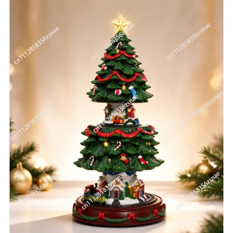 FY Rotating Luminous Resin Tabletop Christmas Tree Ornament, Musical Mini Christmas Tree with Country Scene LED Holiday Decor