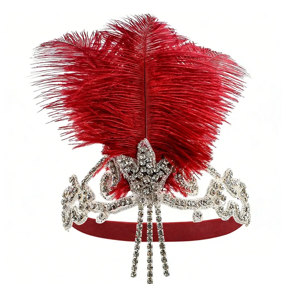 

Fashion Crystal Decorated Feather Headwear Tassel Adjustable Hair Band Beaded Flapper Women
