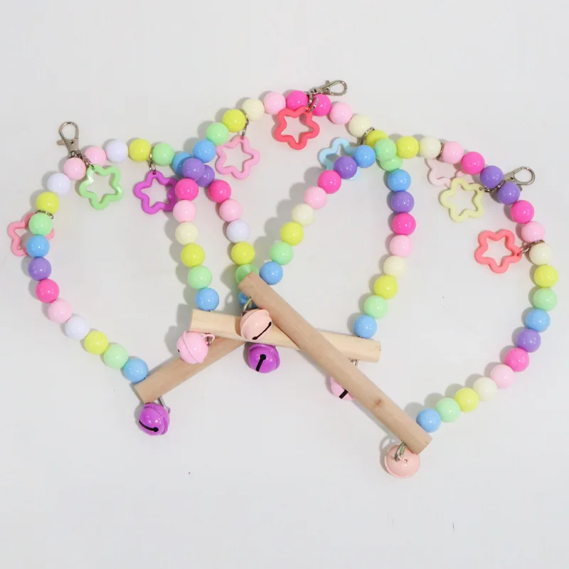 Natural Wooden Parrots Swing Toy Parakeet Birds Colorful Beads Bird Supplies Bells Toys Perch Hanging Swings Cage for Pets