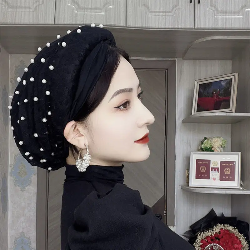 Pearls Beading Turban Caps with Hair Bands Muslim Headscarf Bonnet Female Head Wraps Turbante Mujer Fashion Ladies Headband