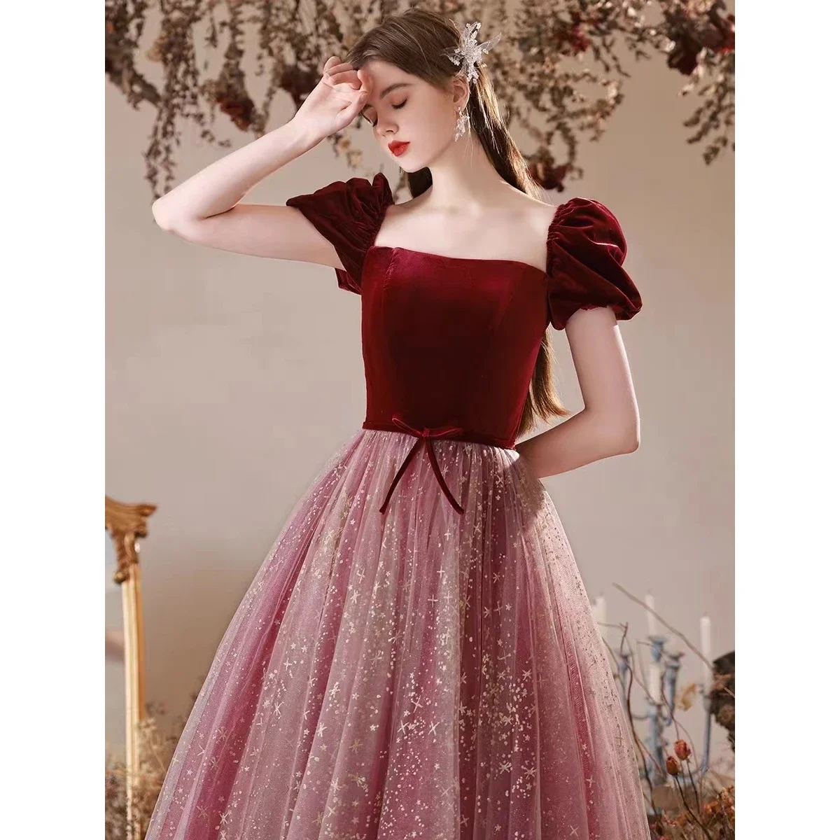 여성 튤 프롬 드레스 이브닝 가운 호스팅 기품 가을 겨울 벨벳 드레스 포멀 드레스 여성 우아한 파티 드레스