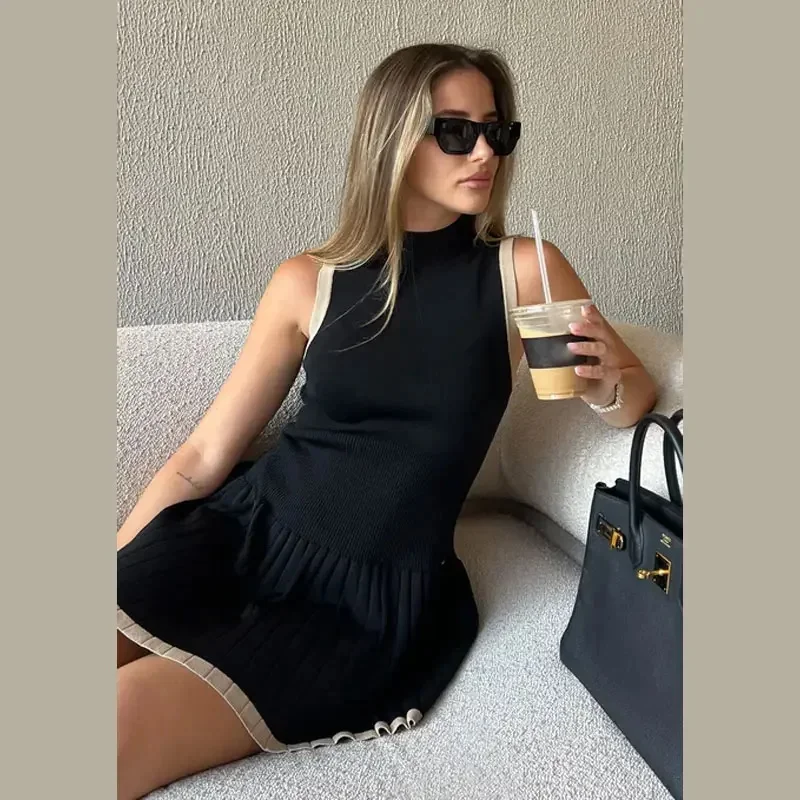 

Elegant Knitted Women Mini Dress Fashion O Neck Pleated Hem Slim A Line Dresses 2024 Summer Lady Basic Street Commuting Robes