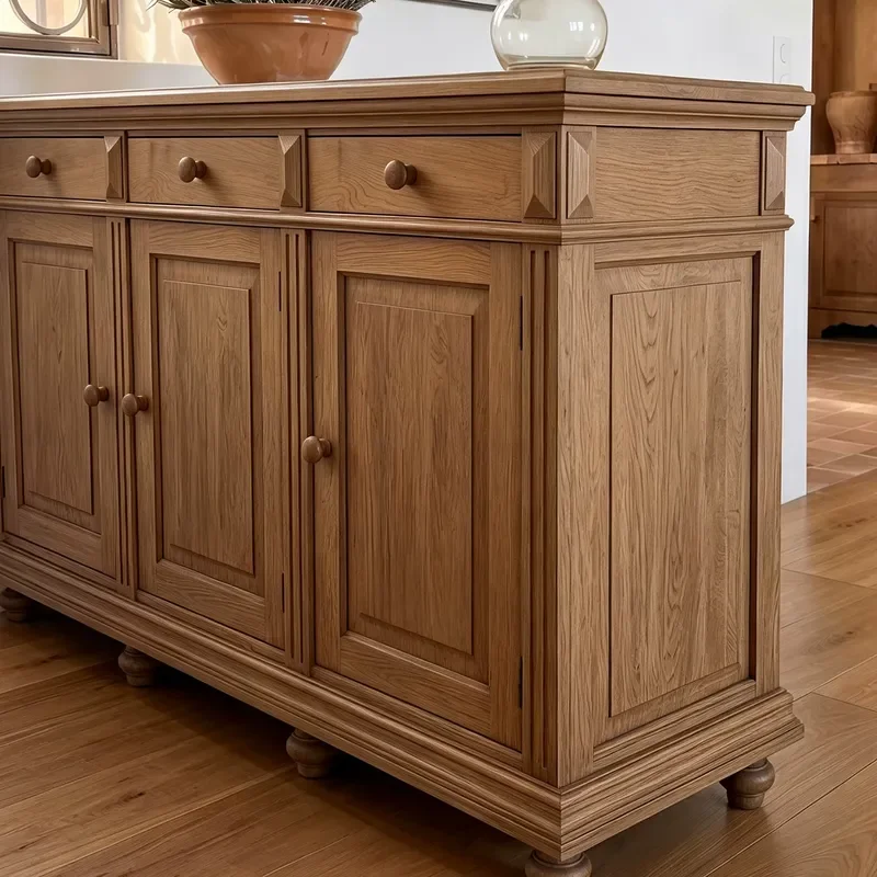 Retro Solid Wood Dining Side Cabinet Living Room Storage Locker Three Door Drawer Design Log Color Entrance Cabinet