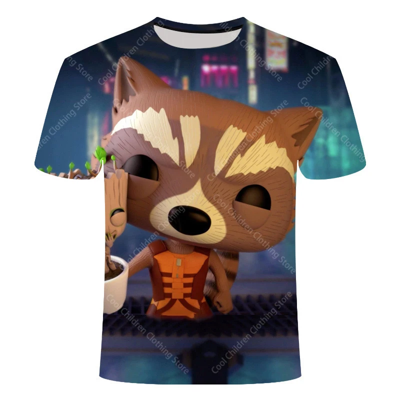 24 New Summer Boy Girl Marvel Rocket Raccoon And Tree Gru Tees Short Sleeve Guardians of the Galaxy Parent Child Clothing Top