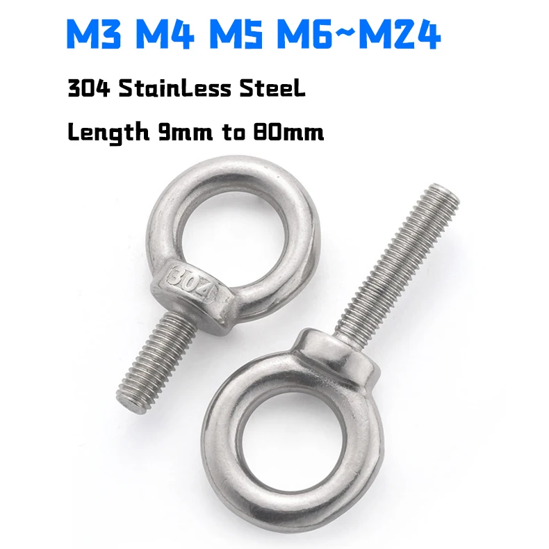 M3 M4 M5 M6 M8 M10 M12 M14 M16~M24 304 Stainless Steel Lifting Eye Bolt Ring Hooking Screw Marine Ring Loop Hole for Cable Rope