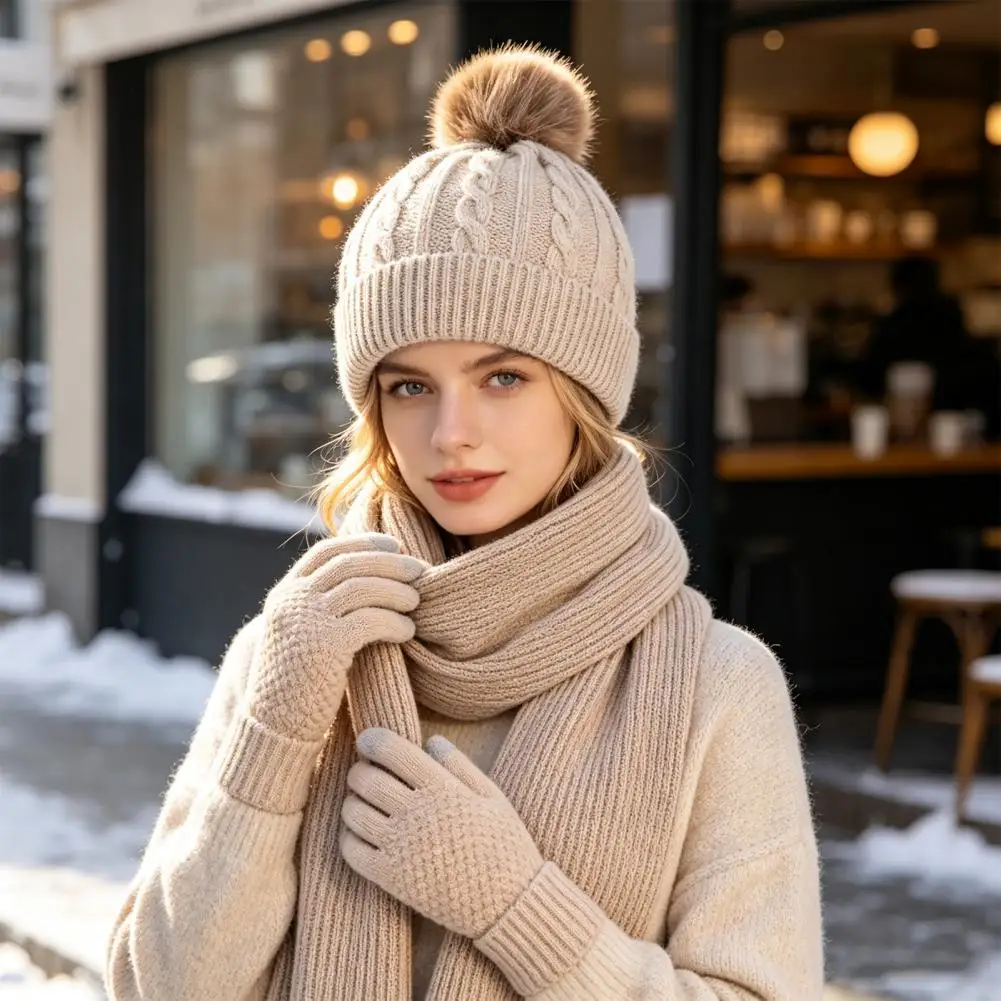 Windproof Winter Headwear Neck Warmer Winter Hat Scarf Gloves Set Knitted Pom Pom Thermal Touchscreen Mittens Cozy for Men
