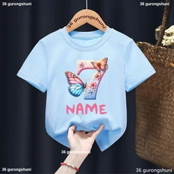 Watercolor Butterfly Number 1-9 Years Old Kids Tshirt Fashion Kawaii Girls T Shirt Birthday Gift Tee Cute Children'S Clothes