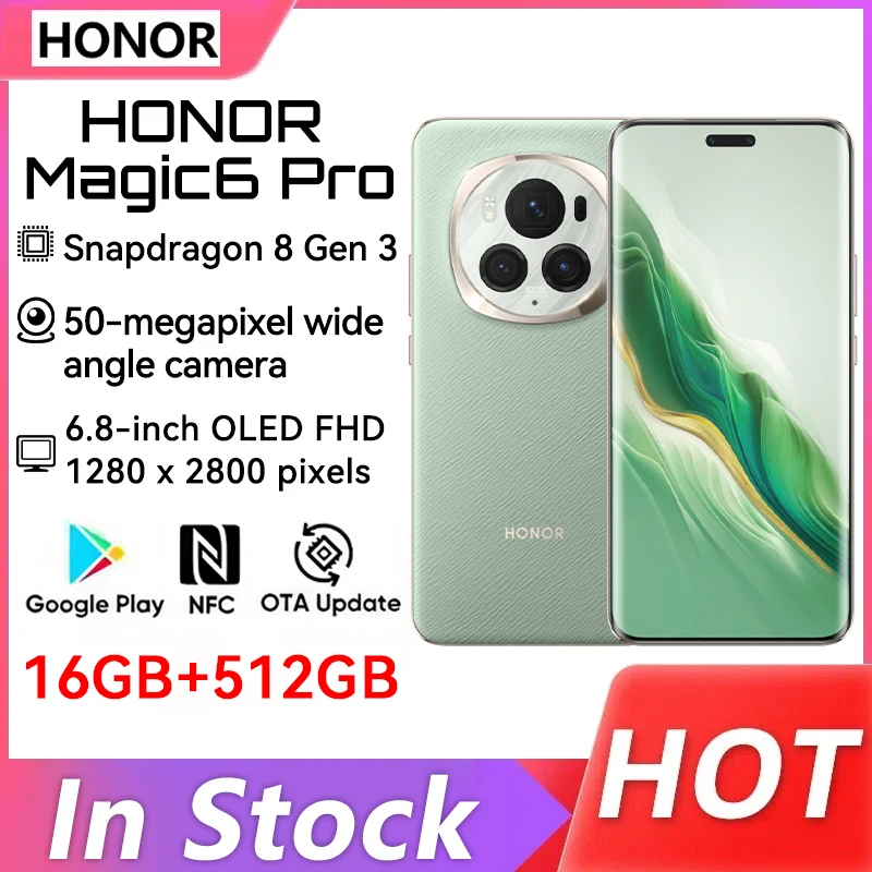 Оригинальная камера HONOR Magic 6 Pro Snapdragon 8 Gen 3, 180 МП, 6,8 дюйма, четырех изогнутый плавающий экран, зарядное устройство 80 Вт, 16 ГБ, 512 ГБ, NFC