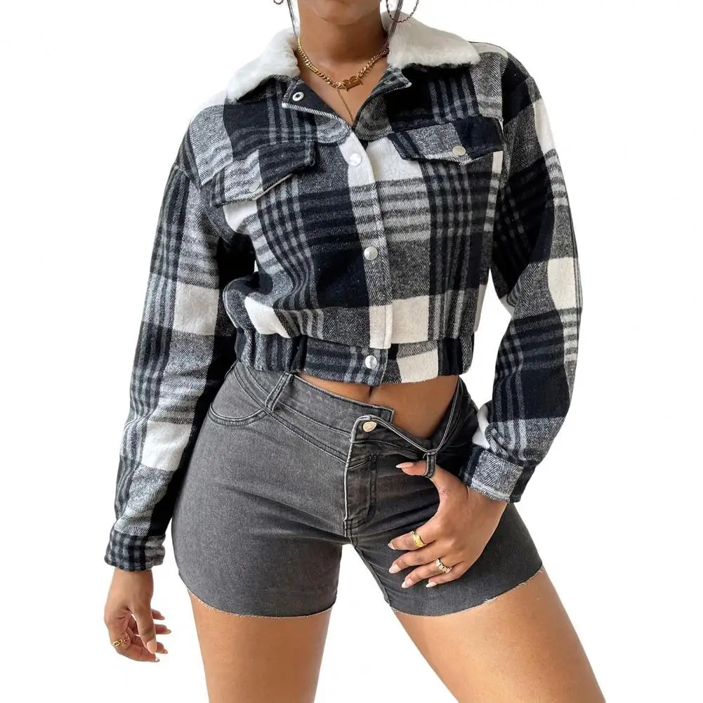 Women Outerwear Plaid Print Women's Short Coat with Turn-down Collar Stretchy Hem Single-breasted Jacket for Fall Winter Daily