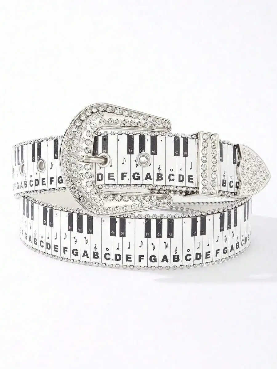 

1pc Sparkly Crystal Piano Key Belt - Retro Music Inspired Western Buckle Belt