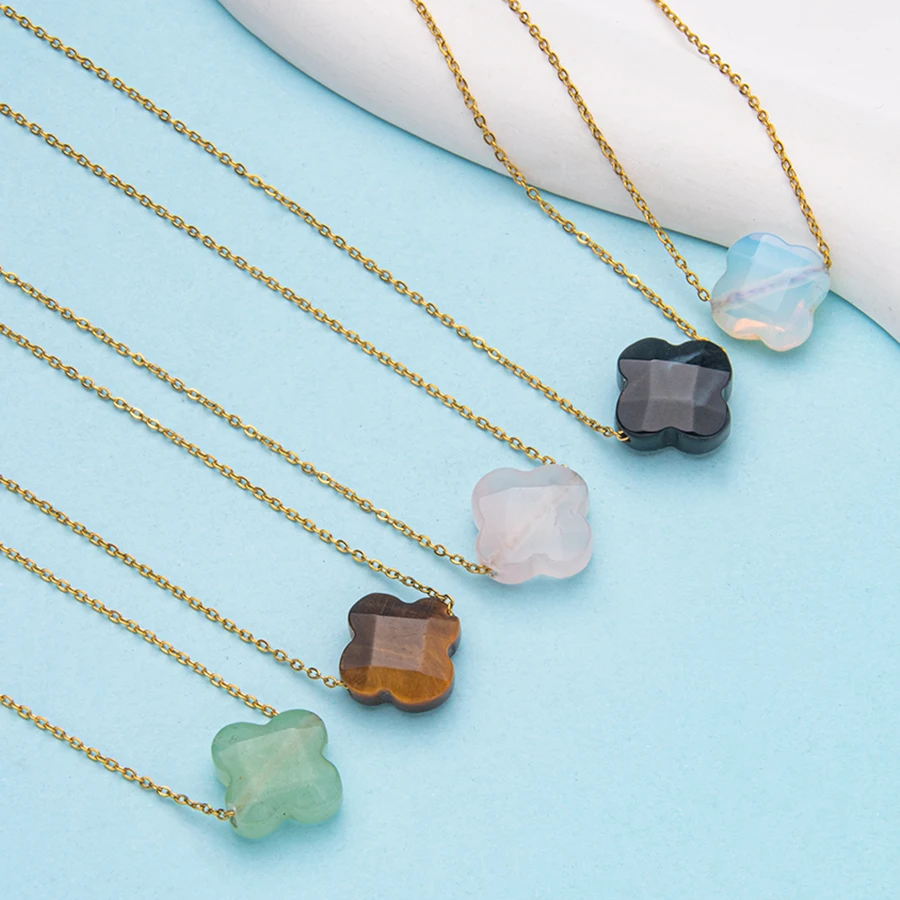 1pc natrual crystal stone gemstone agate Four Leaf Clover Adjustable stainless steel pendant  necklace for  women and men