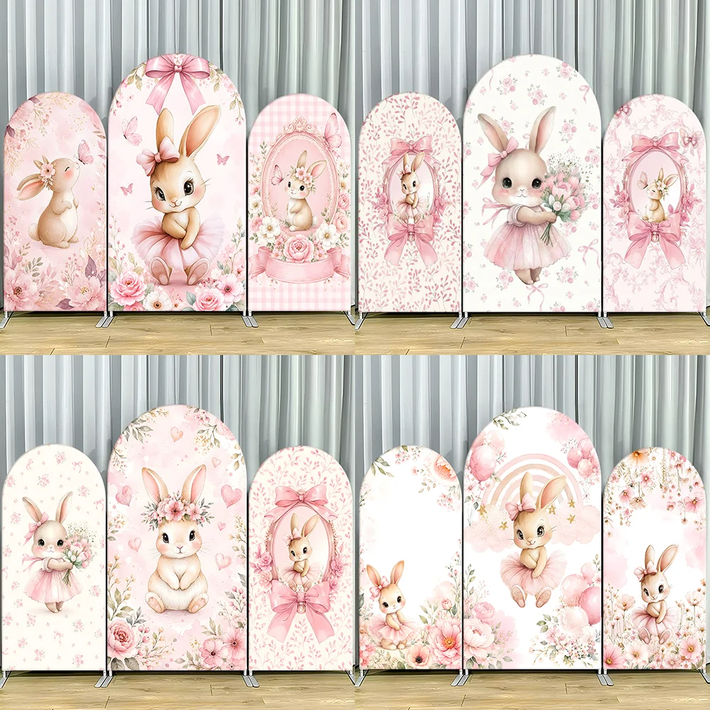 

Bunny Ballet Arch Backdrop Cover Pink Floral Rabbit Birthday Party Decor Girls Baby Shower Spring Garden Photo Background Cover