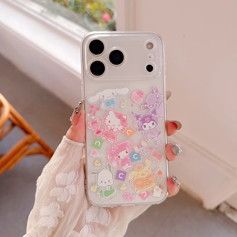 Милый мультяшный прозрачный чехол Sanrio Hello Kitty My Melody Kuromi для iPhone 17 16 15 14 13 Pro Max, мягкий чехол из ТПУ