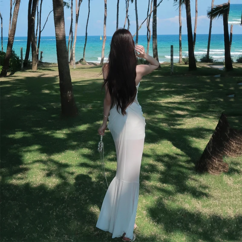 RORORIRI Sheer Mesh Stitch Lace Diamond Tank Dress Women Off-shoulder Pleated Slim Bodycon Mermaid Long Dress Sexy Party Clothes