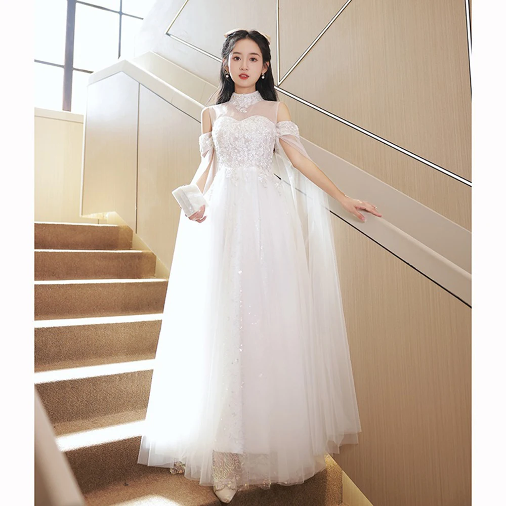 

Elegant French White Evening Dresses For Women 2024 New Style Off Shoulder Droping Folds Fairy Performance Costume Birthday Gown