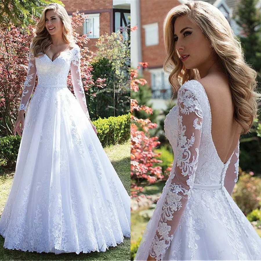 Vestido de novia de manga larga con cuello en V y Espalda descubierta, vestido de novia con cuentas de encaje, 2021