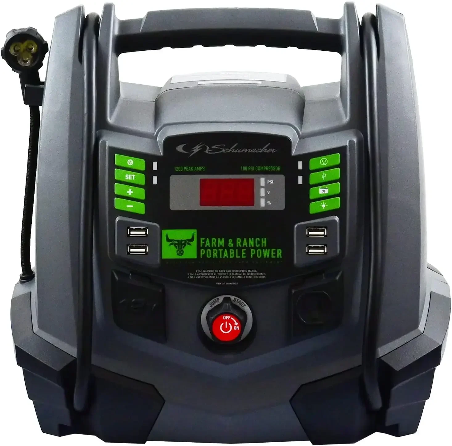 FR01337 Rechargeable AGM Jump Starter for Gas, Diesel Vehicles - 1200A W/ Air Compressor & 12V USB/AC Power Station To Charge