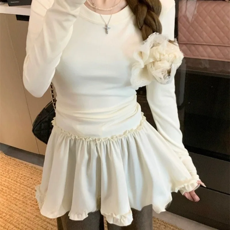 

Korea Long Sleeved T-Shirt Y2K Women's Casual T-Shirt Solid Trim Skirt Curtain Fashion Base Layer Clothe Street Wear Base Layer