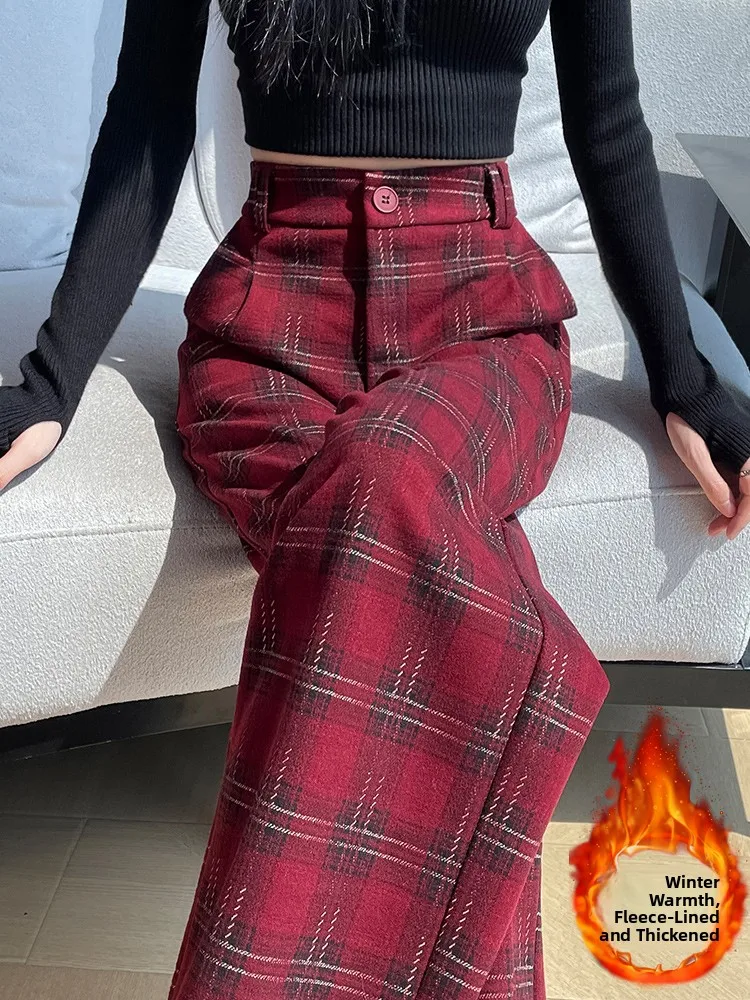 

Ankela Red Woolen Plaid Wide Leg Pants Women's Autumn Winter High Waist Loose Slimming Drapey Casual Straight Leg Trousers