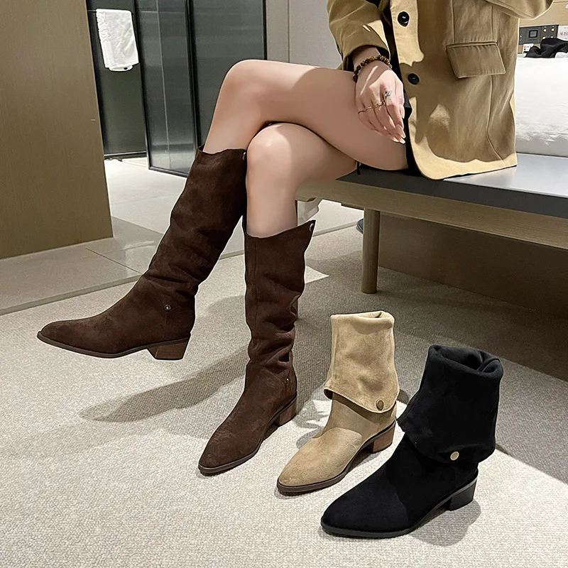 Botas Retro apiladas de dos prendas para Mujer, Botas hasta la rodilla de piel de ante de alta calidad para Mujer, botines Chelsea puntiagudos, Botas para Mujer
