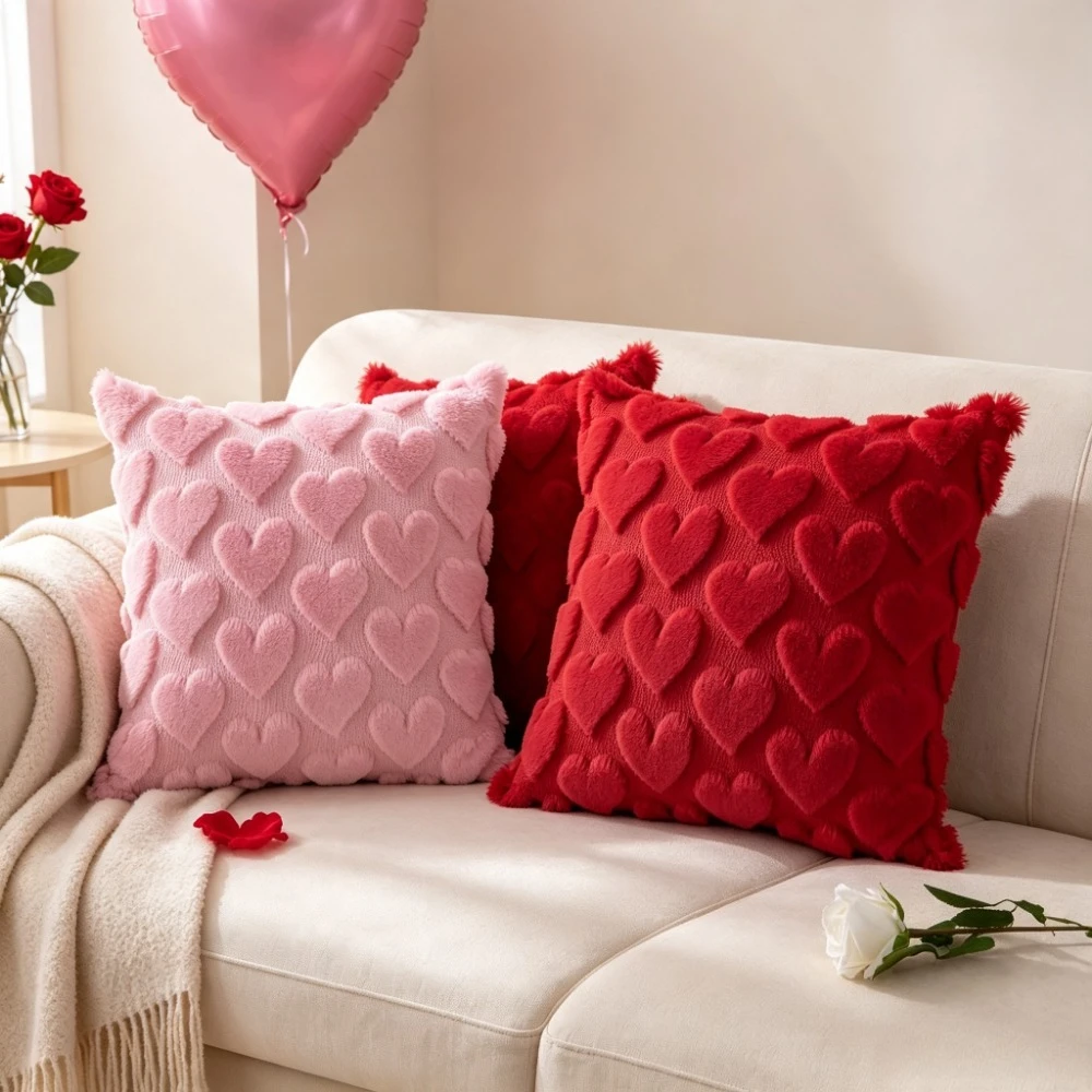Red Pink 3D Plush Heart Pillow Covers Embossed Love Heart Cushion Cover Valentine's Day Sofa Wedding Party Decor Home Decor