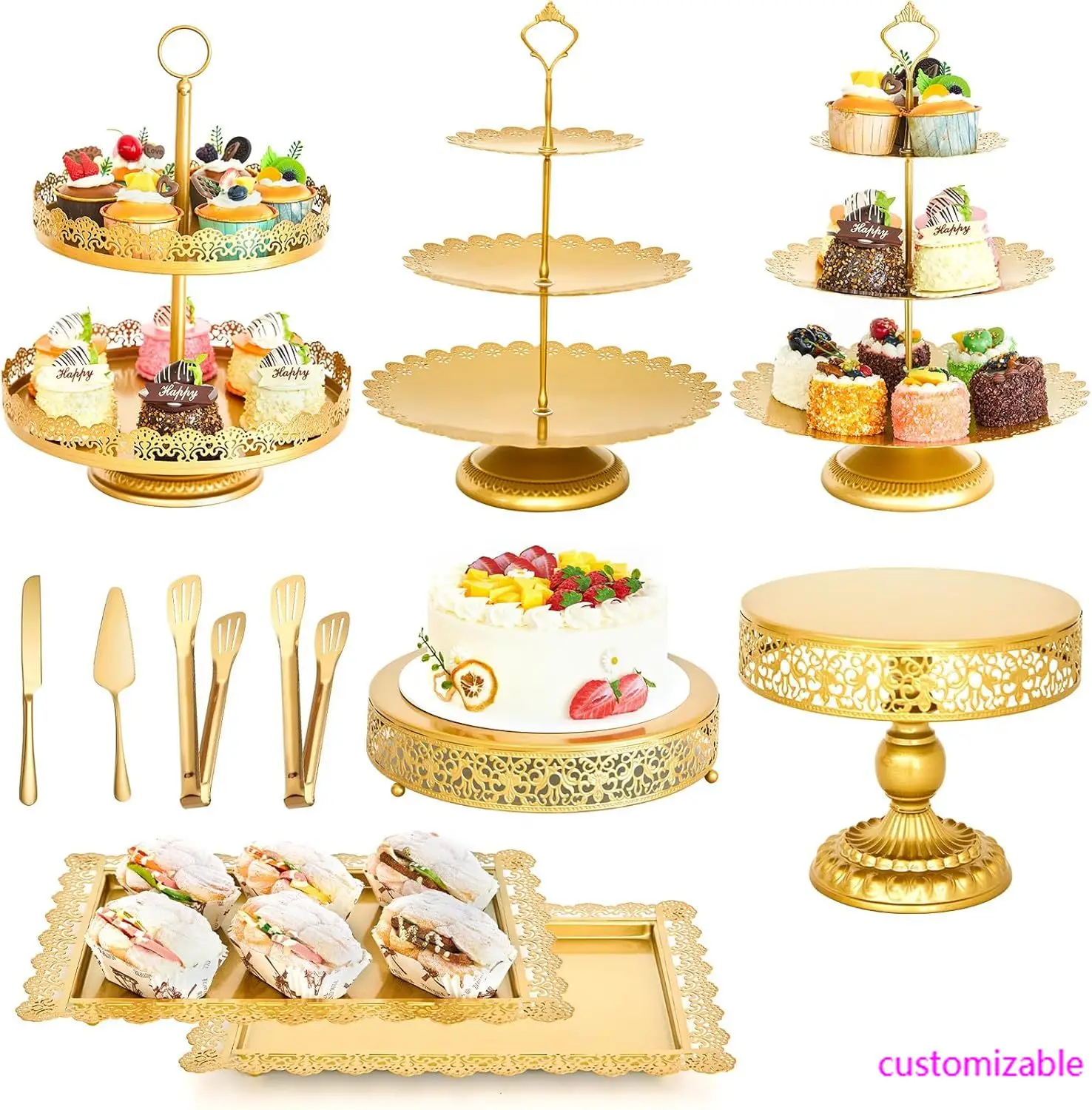 

Набор золотых подставок для торта на свадьбу, набор для демонстрации десертного стола на день рождения, металлические квадратные сервировочные подносы для конфет