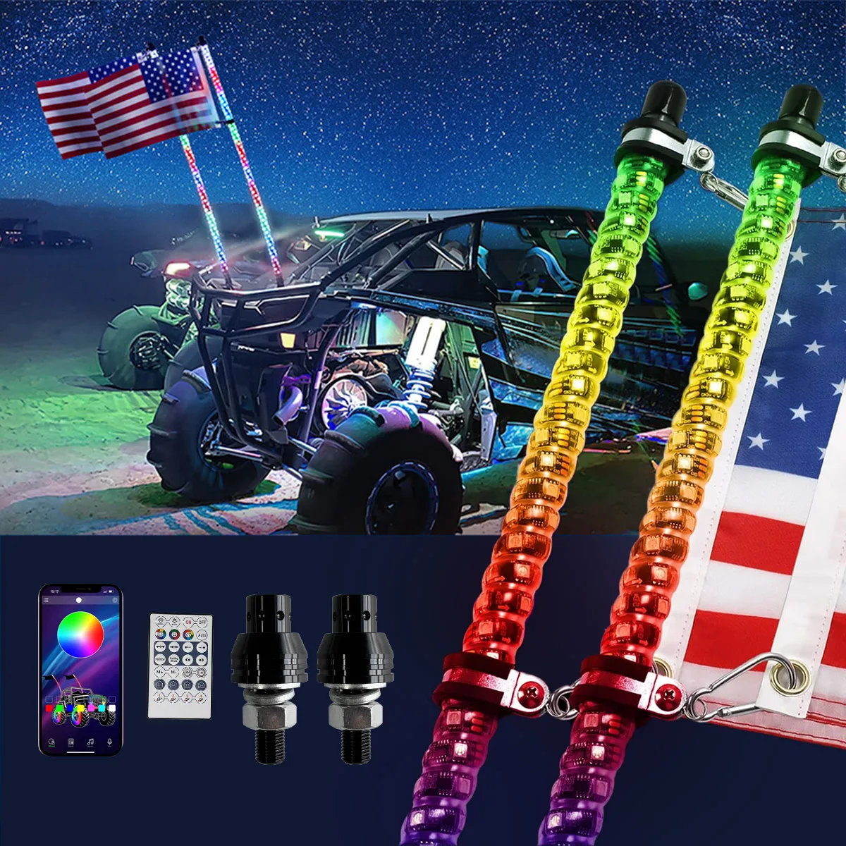 2/3FT LED Whip Light RGB Waterproof Multi-Color Flagpole Lamp Bowlight for Offroad Sand Rails/Buggies, SxS, ATV/UTV,RZR,Trucks