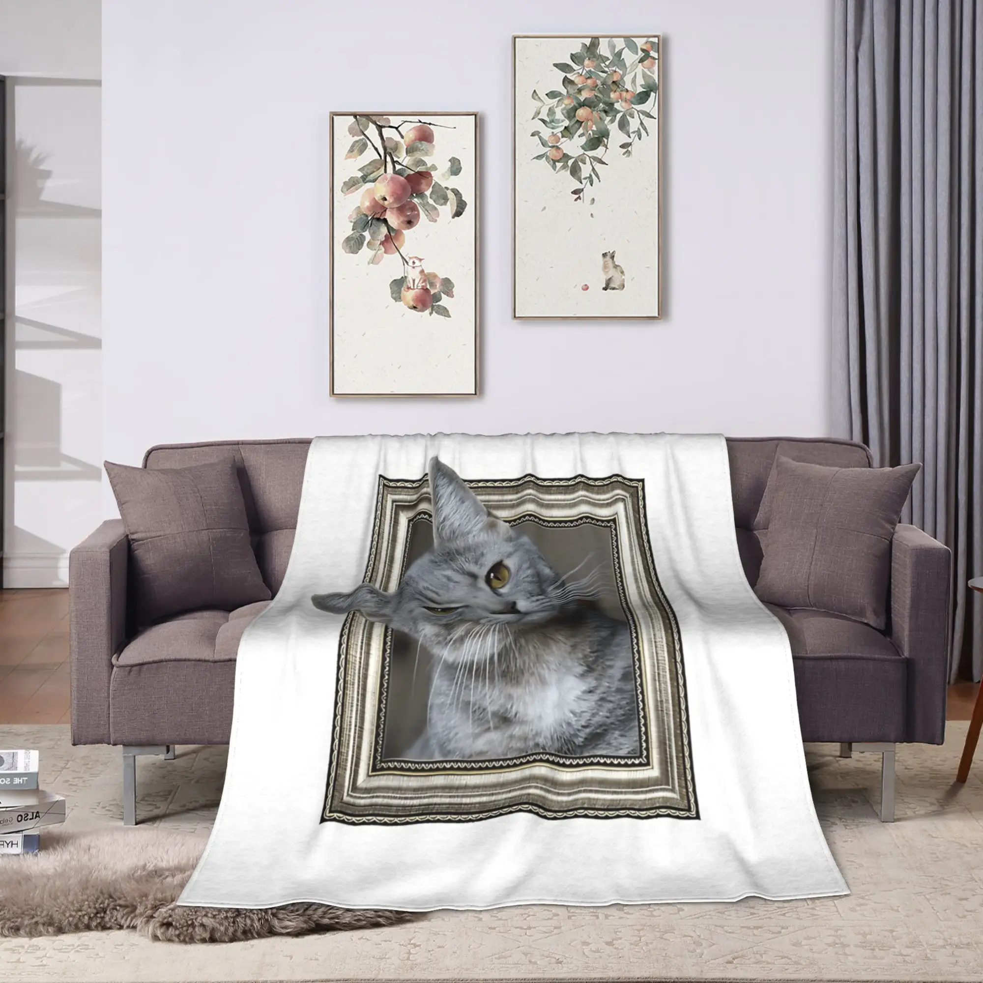 Cute Caroon Cat Portrait Photo Frame Art Blanket Comfortable  Throw Blanket Winter Adults Girls Bedroom Plane Travel Bedspread