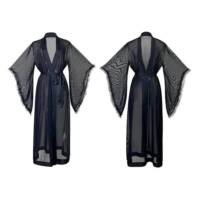 Sexy Mesh Long Robe Elegant Mesh Long Sleeved Nightgown with Knot Cuffs Sheer Loose-Fit Loungewear for Women