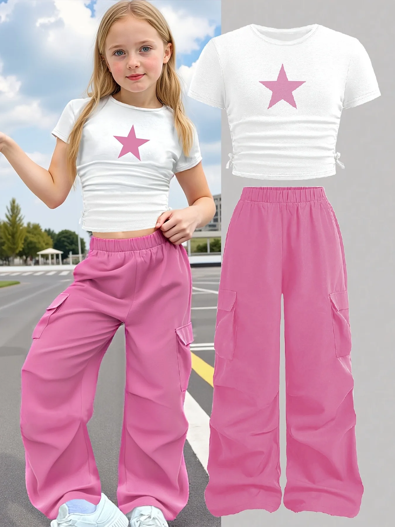 Kids Girls 2-Piece Star Print Ruched Crop Top & Pink Cargo Pants Set Summer Casual Streetwear Sporty Outfit